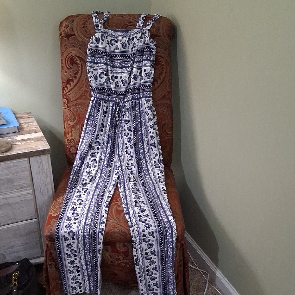 Derek Heart Blue and White Jumpsuit with Wide Leg Design